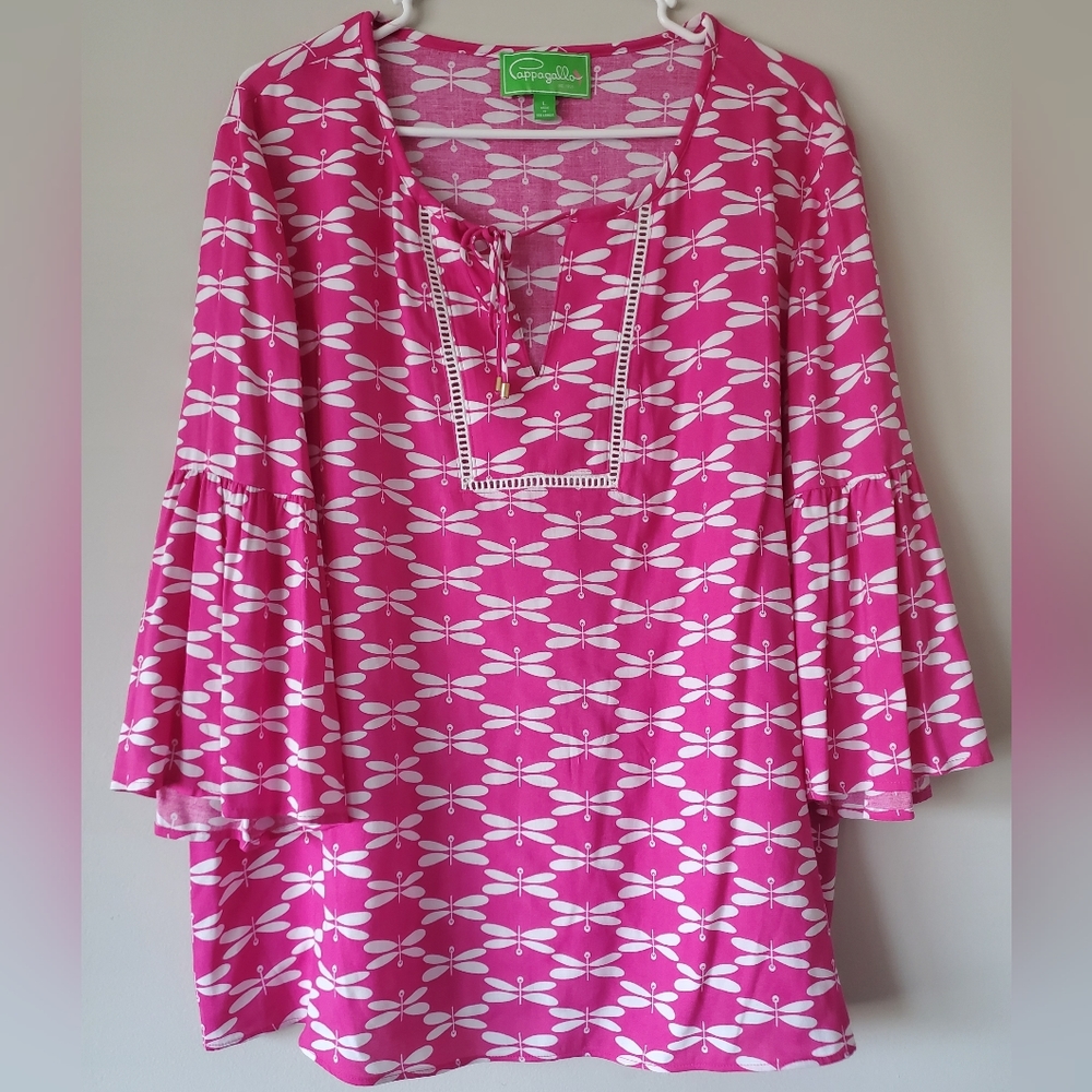 Papagallo Bell Sleeve Blouse Top With Pink and White Dragon Fly Pattern Size L